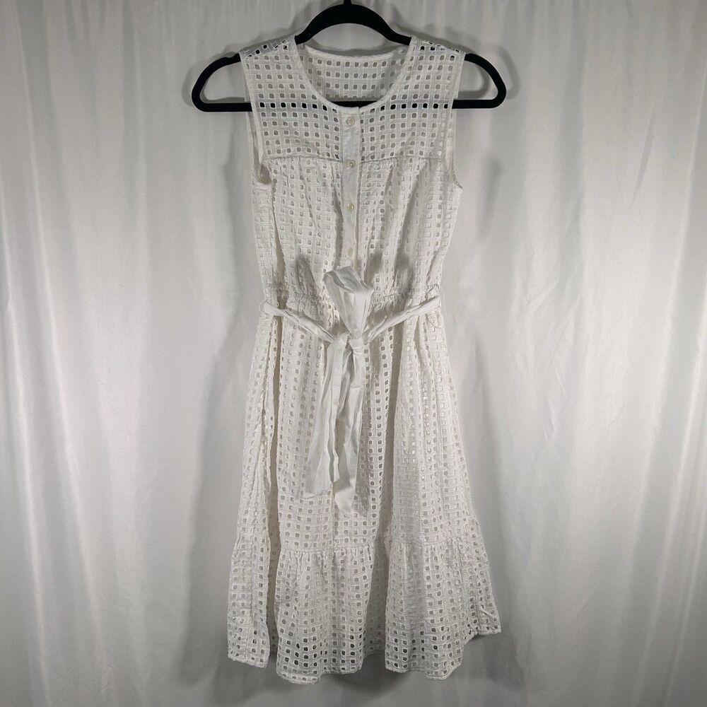 J. Crew Knee Length Dress Womens 0P Ivory Sleeveless Belted Button Up Round Neck